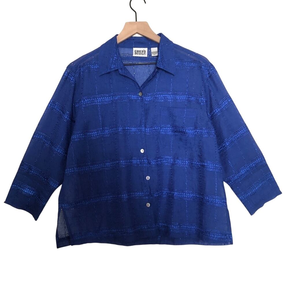 Chico's Design Royal Blue Embroidered 3/4 Sleeve Button Collard Shirt Blouse Top